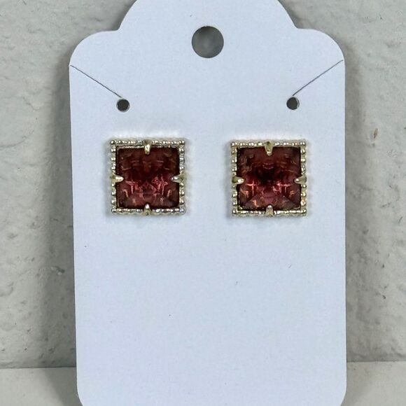 Gold Tone Filagree Backed Square Dusty Pink Rhinestone Earrings - Picture 1 of 4